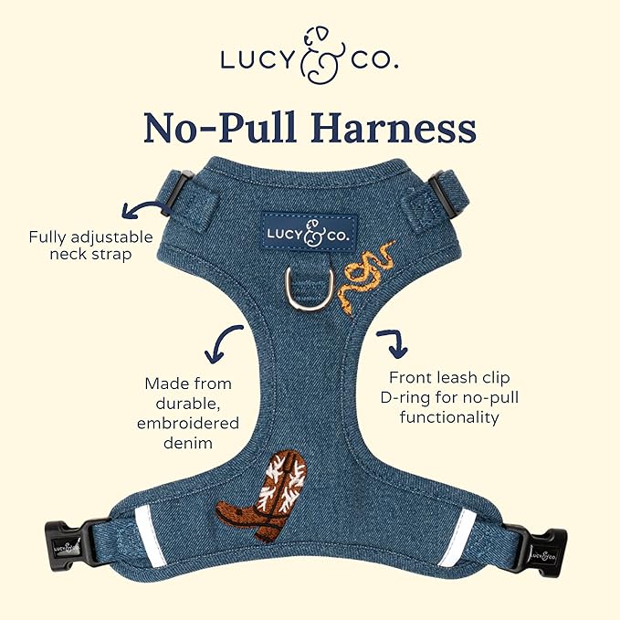 Lucy & Co. The Giddy Up No-Pull Dog Harness for Dogs – Vest to Stop Pulling & Walk Easy – Comfortable Leash Training Product w/Adjustable Chest & Neck Straps - Blue Demin Cowboy - X-Large