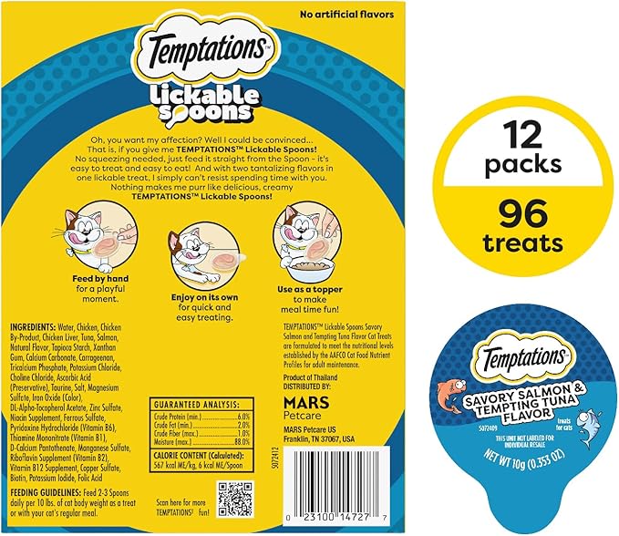Temptations Lickable Spoons Adult Wet Cat Treat, Savory Salmon and Tempting Tuna Flavor, 8 Spoons, Pack of 12 (96 Total)