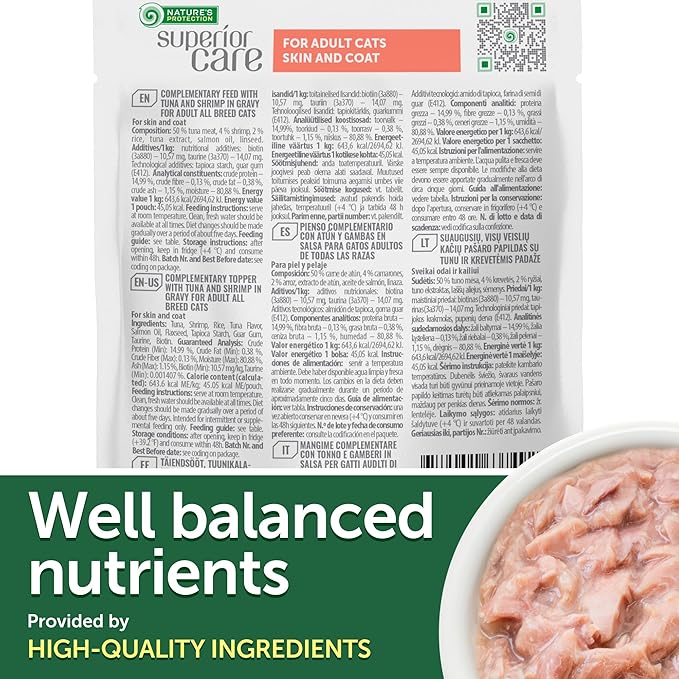 Nature's Protection Wet Cat Food in Gravy - Natural, High Protein, Soft Tuna Fish & Shrimp Shreds for Adult Cats - Can-Free Convenient Pouches 2.46-oz (Superior Care - 24 Pack)