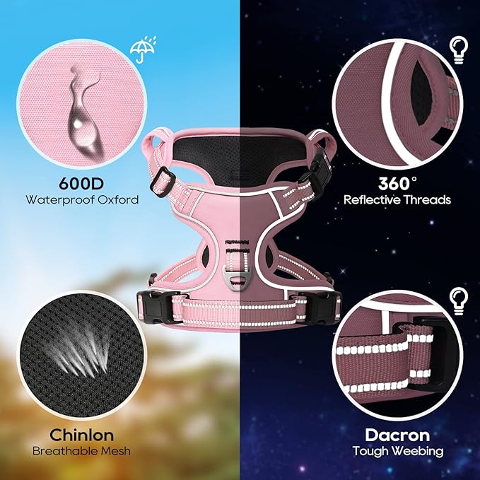 Timos Dog Harness, 3 Snap Buckles No-Pull Soft Padded Dog Vest with 2 Metal Leash Clips, Adjustable Reflective No Choke Pet Harness with Easy Control Handle for Medium Dogs,Pale Pink,M