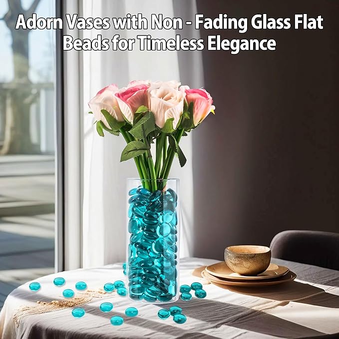 Sea Blue Glass Marbles, 0.97 LB Transparent and Smooth Flat Glass Beads for Vases, Mosaic Gem Pebbles for Aquarium Decor, Floral Arrangements, Mancala Stones, Vase Filler and Crafts,Approx. 80-100 PCS