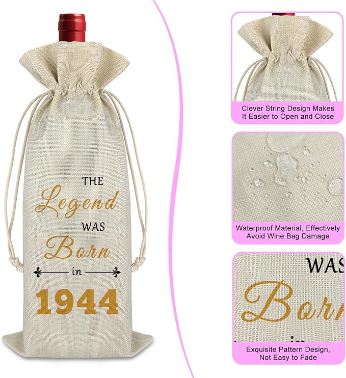 80th Birthday Gift for Grandma Grandpa Wine Bag Gifts for 80 Year Old Woman Men Birthday Wine Gift Bag 1944 80th Birthday Gifts for Mom Dad Christmas Gift Drawstring Wine Wrap Bag Burlap Wine Cover