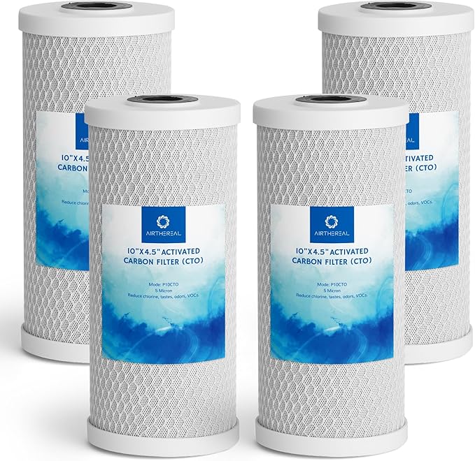 Airthereal 10" x 4.5" Whole House CTO Activated Carbon Water Filter, 5 Micron 10-inch Water Filter Replacement Cartridge for City and Well Water, 4-Pack