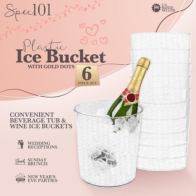 Ice Bucket for Champagne - 6 Pack Plastic Ice Buckets for Parties - 2.83L Silver Transparent Bridal Beverage Tub Cooler Catering Bar Accessories for Wine, Beer, Liquor, Spirits and Seltzers