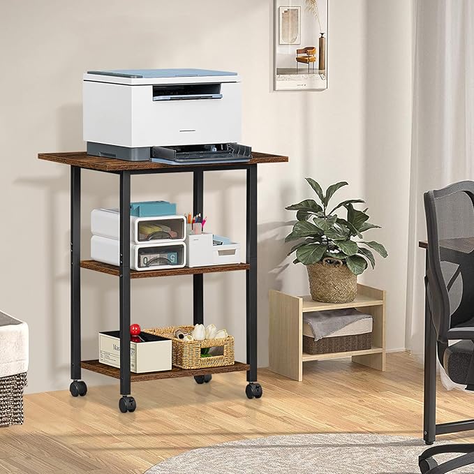 Lerliuo 3-Tier Printer Stand, Industrial Mobile Printer Table with Storage Shelf and Steel Frame, Rolling Printer Cart Holder with Lockable Wheels for Home, Office (Brown)