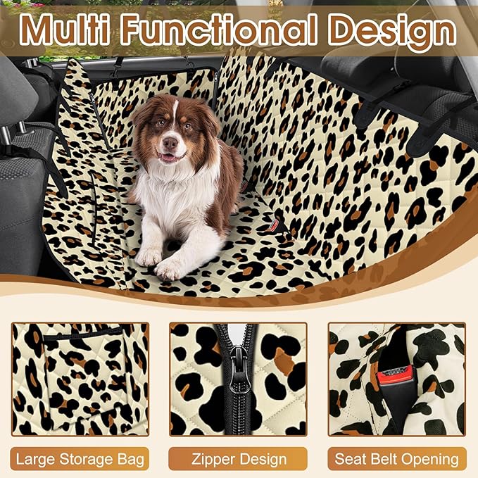 Dog Car Seat Cover, Durable Waterproof Scratch Proof Nonslip Dog Hammock, Back Seat Covers with Pocket for Cars SUVs and Trucks - S, Leopard/Black