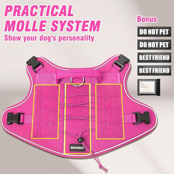 Tactical Dog Harness for Large Dogs,No Pull Military Dog Vest with Handle,Reflective Heavy Duty Pet Harness for Walking Hiking Training Pink L