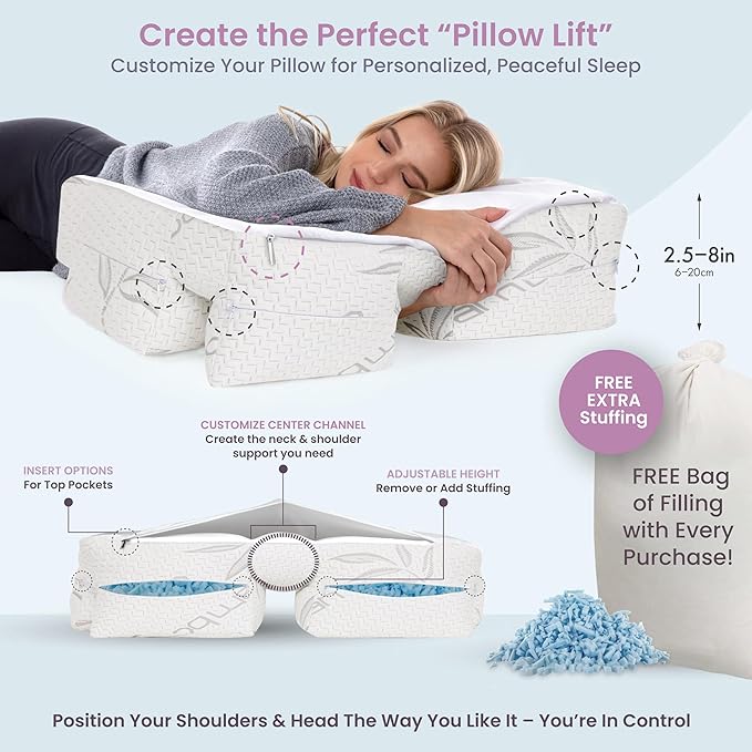 Medium Firm High Density Support. Orthopedic Arm Hole Slots for Relief of Shoulder & Neck Pain. Adjustable for Side, Back, Stomach Sleeper. Rayon Shell/Cooling Shredded Memory Foam