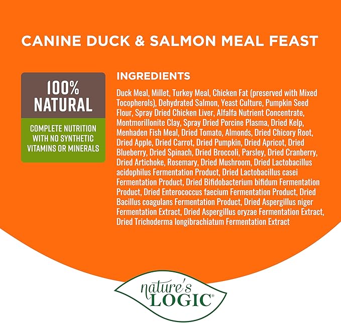 NATURE'S LOGIC Dry Dog Food - 100% Natural - No Synthetics - for All Ages, Sizes, Breeds - Free from Common Allergens, High Protein - Duck & Salmon Meal Feast, 25lbs