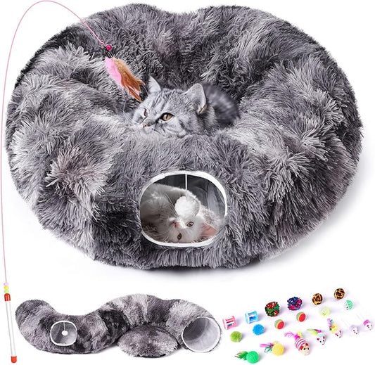 Odoland Cat Tunnel Bed with 20 Cat Toys - Indoor Plush Kitten Couch,Detachable Cats Cave Donut Tunnel & Soft Kitten Toy Set-Cozy Cat Furniture Black
