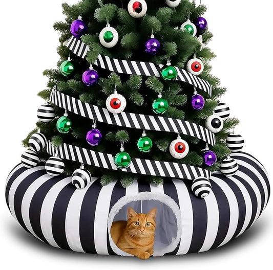 Frienda Cat Tunnel Bed Under Halloween Tree Sandworm Kitten Donut Tunnel with Cushion and Ball Toy Tree Skirt Detachable Black and White Stripes Cat Cave for Kitten, Puppy, Rabbit, Small Animals