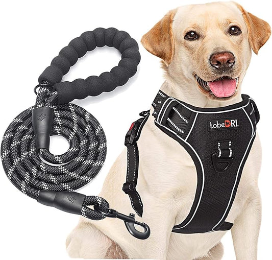 No Pull Dog Harness Adjustable Reflective Oxford Easy Control Medium Large Dog Harness with A Free Heavy Duty 5ft Dog Leash (S (Neck: 13"-18", Chest: 17.5"-22"), Black Harness+Leash)