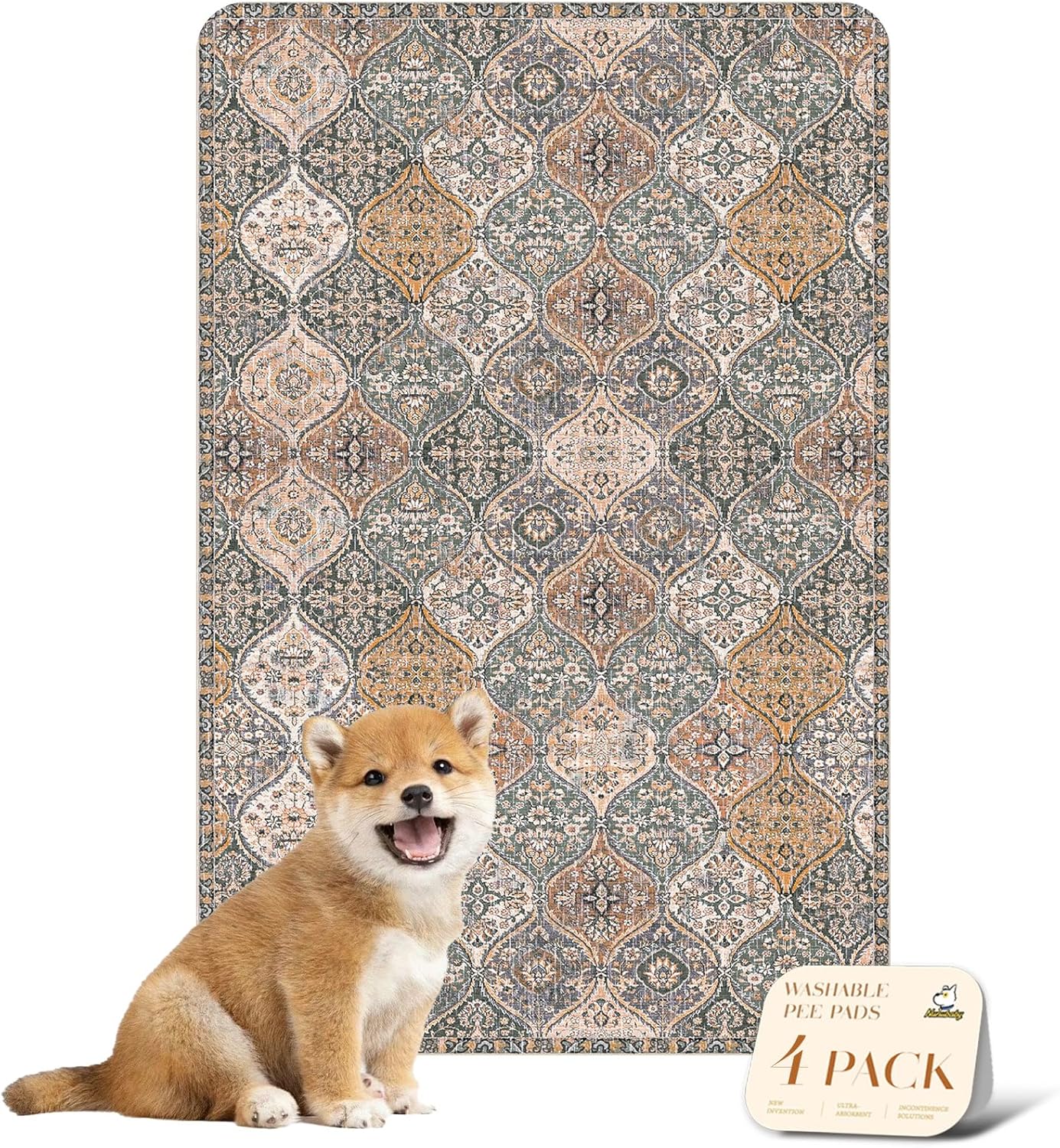 nunubaby 4PACK Washable Pee Pads for Dogs, Stylish, Non-Slip and Leak-Proof Pee Pads. Reusable Potty Pads for Dogs for Crates and Floors.(Brown/Multi, 24" x36")