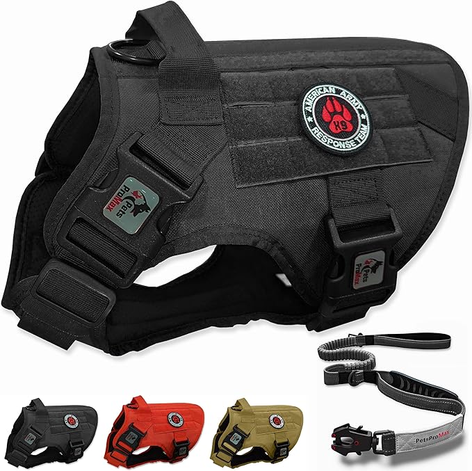 ProMax Tactical Dog Harness and Leash Set - Military Style No-Pull Dog Vest and Bungee Leash - Black (L)