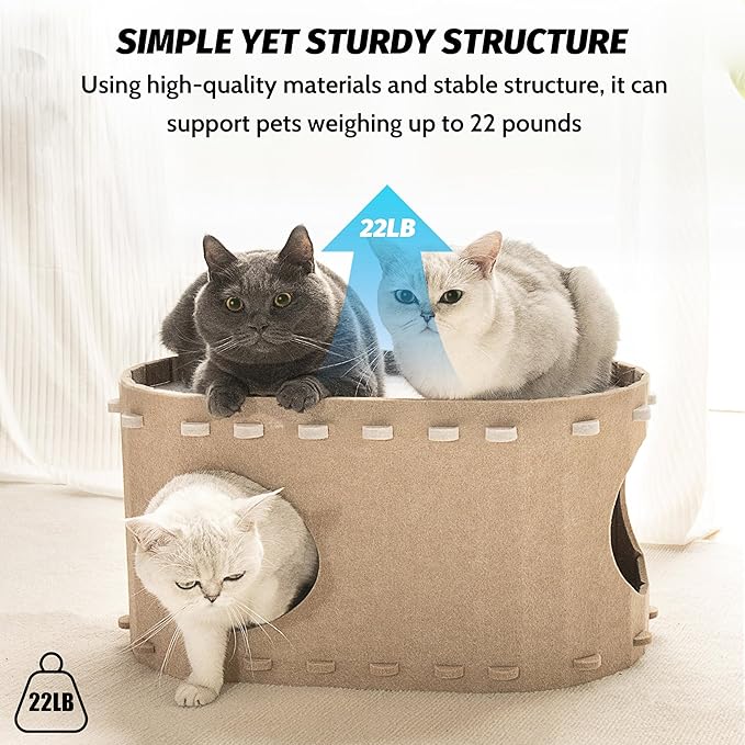 Cat House for Indoor Cats, Cat Bed Cave for Multiple & Large Cats Up to 22 Lbs, Scratch Resistant Peekaboo Cat Caves, Foldable Cat Tunnel Enclosed Bed, PeekaPurr, Cream