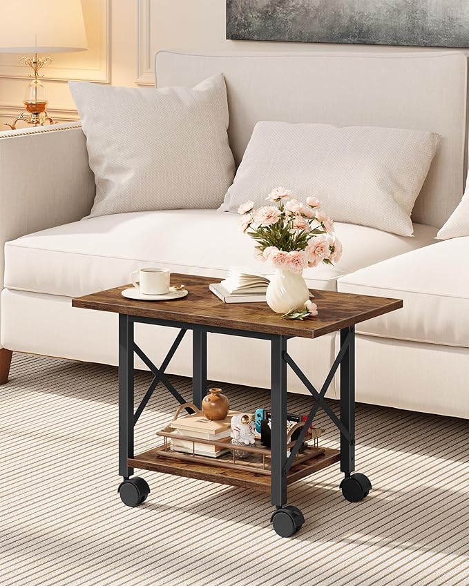 23.6" Under Desk Printer Stand, 2-Tier Printer Table with Wheels Adjustable Feet for Home Office, Study, Living Room, Rustic Brown and Black TPS01BF