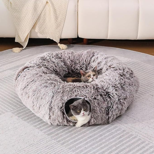 Plush Cat Tunnel Bed for Indoor Cats with Soft Cushion, Multi-Shape Play Cave with Hanging Balls, Large and Foldable Cat Donut Tunnel for Small and Large Pets (Brown)