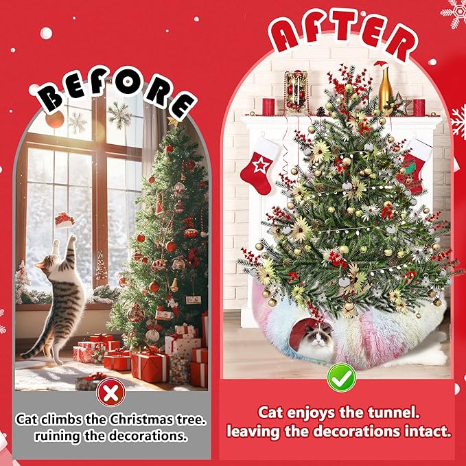 Cat Tunnel Bed for Indoor Cats, Catasaurus Peekaboo Cat Cave with Washable Soft Play Mat, Furry Cat Tube, for Kitten/Puppy/Rabbit, Pink