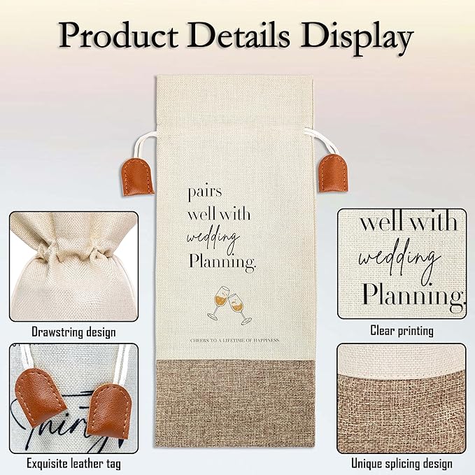 Wedding Wine Bag, Engagement Gifts for Couples, Cotton Linen Wine Gift Bag With Drawstring, Mr and Mrs Marriage Wedding Gifts, Bridal Shower Gift for Women Besties Friends, Bachelorette Party-30