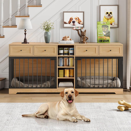 GarveeHome 82" Double Dog Crate Furniture, Large Dog Kennel Indoor for 2 Dogs, Heavy Duty Wooden Dog Crate TV Stand with 4 Drawers and Shelves, Natural