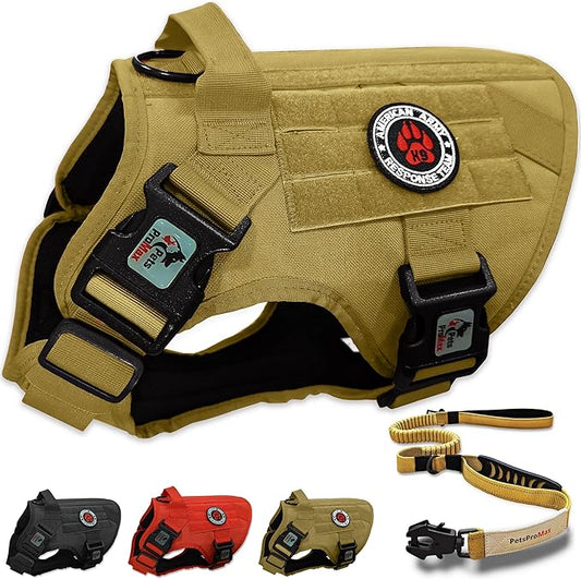 Tactical Dog Harness with Leash; Military Dog Vest + Bungee Leash; No-Pull Vest and Leash Beige (Brown) XL