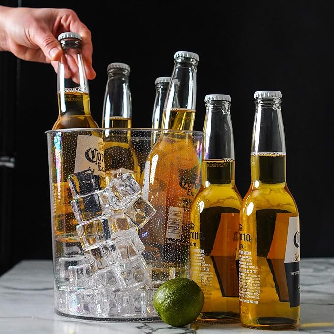 Ice Bucket for Champagne - 6 Pack Plastic Ice Buckets for Parties - 2.83L Silver Transparent Bridal Beverage Tub Cooler Catering Bar Accessories for Wine, Beer, Liquor, Spirits and Seltzers