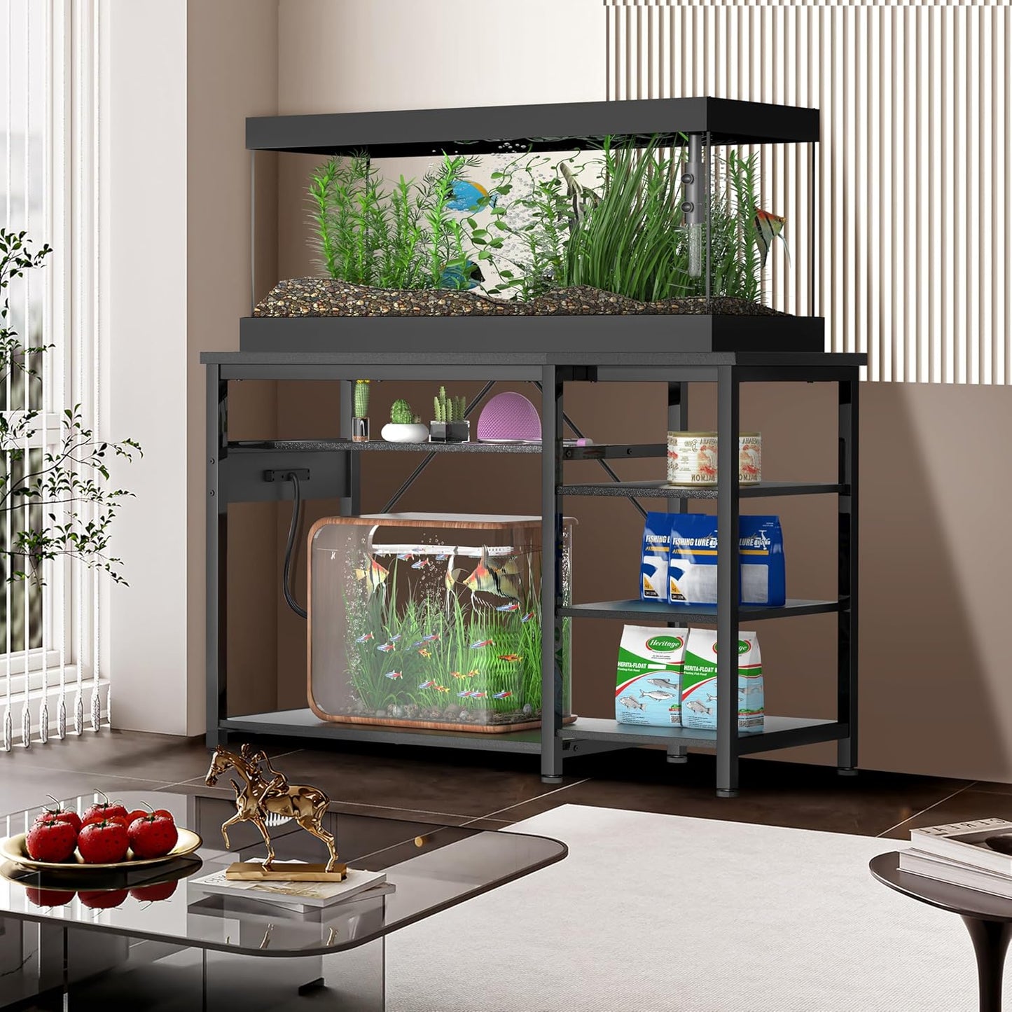 40-50 Gallon Fish Tank Stand: Heavy Duty Aquarium Stand with Power Outlets and Cabinet for Fish Tank Accessories Storage - Metal Frame, 1000LBS Capacity, Suitable for Fish & Reptile Terrariums