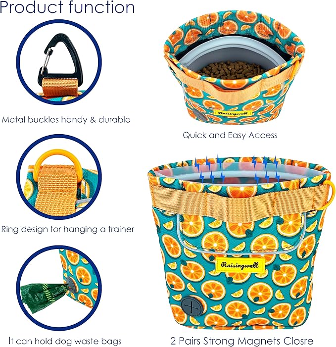 Dog Treat Pouch for Pet Walking and Training with Clicker 2 Cup Silicone Bag Small Fanny Pack Holder for Puppy Snack Dispenser Kit for Leash and Outdoor Use (Fruit Orange)