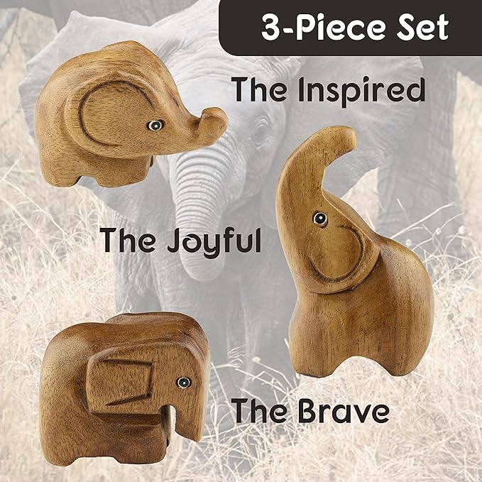 3 Elephant Figurines Centerpiece - Cute Decor and Gifts for Women - Wood Statue Home Sculpture - Bathroom and Office Decorations