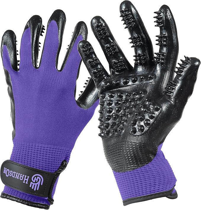 Handson Pet Grooming Gloves - Patented #1 Ranked, Award Winning Shedding, Bathing, Hair Remover Gloves - Gentle Brush for Cats, Dogs, and Horses (Purple, Large)