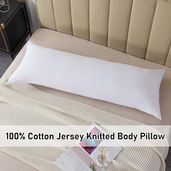 WhatsBedding Memory Foam Body Pillow with 100% Cotton Jersey Knitted Cover, Luxury Soft Large Long Pillow for Adults, Firm Full Body Pillow with Removable Zippered Pillow Case - White