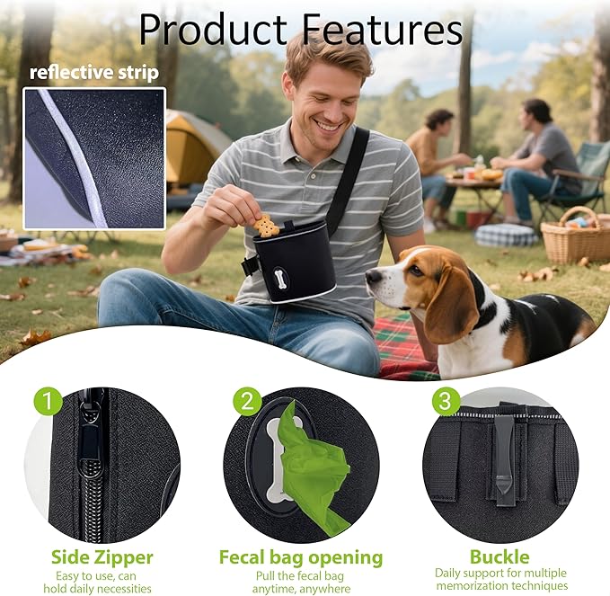 Dog Treat Pouch with Magnetic Closure, 3 Wear Ways, Side Zipper for Poop Bag Dispenser, Large Treat Bag with Reflective Strip for Training, Travel and Night Walking (1Pack-Black)