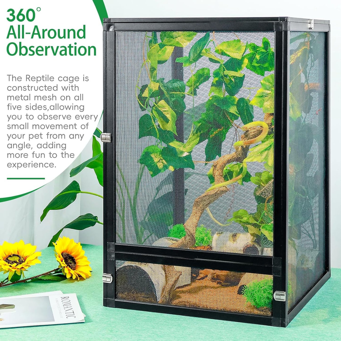 33 Gal Detachable and Foldable Reptile Butterfly Cage Terrarium, 360° Observation, Airflow, Interaction in Gecko Tank for Crested Geckos, Leopard Geckos, Chameleons, Bearded Dragons