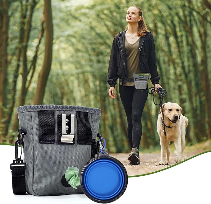 Dog Treat Pouch 2.0, Strong Magnetic Closure, Poop Bag Dispenser (Including Collapsible Dog Bowl, Training Clicker, Poop Bags)