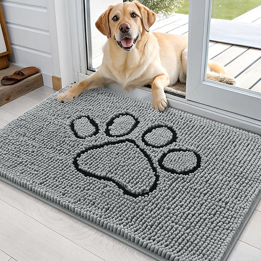 OLANLY Door Mat for Muddy Dog Paws 36x24, Ultra Absorbent Chenille Mud Doormat with Paw Print Design, Non-Slip Washable Doormat for Indoor Entryway, Quick-Dry Pet Bed Mats for Dirty Dogs, Grey