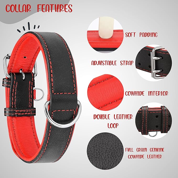 Riparo Adjustable Leather Dog Collar - Heavy Duty Wide Dog Collar for Small, Medium, Large and Extra Large Dogs with Dog Tag Holder (XXL: 2” Wide for 24”-29” Neck, Black/Red Thread)