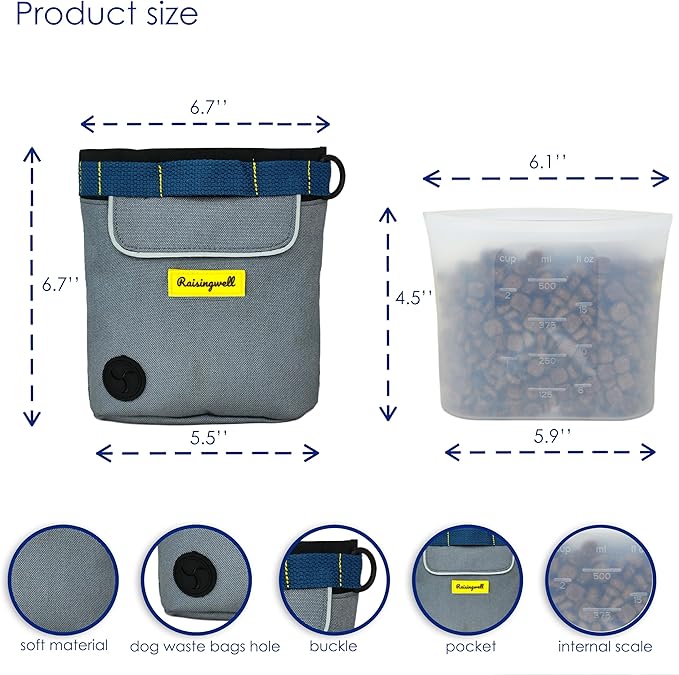 Dog Treat Pouch for Pet Walking and Training with Clicker 2 Cup Silicone Bag Small Fanny Pack Holder for Puppy Snack Dispenser Kit for Leash and Outdoor Use (Gray)