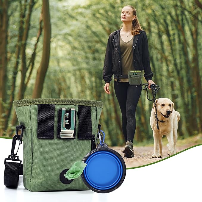 Dog Treat Pouch with Collapsible Dog Bowl, Training Clicker and Poop Bags, Treat Pouches for Pet Training, Magnetic Closure, Built-in Poop Bag Dispenser, Waist Belt Clip, Puppy Treat Bag - Green