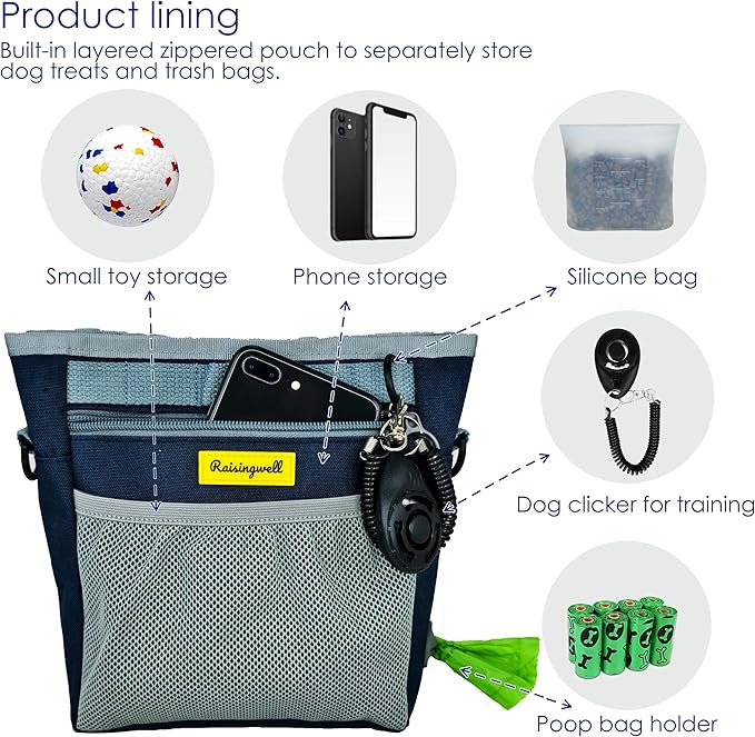 Dog Treat Pouch with Magnetic Closure 4-Cup Silicone Bag Fanny Pack Holder with Clicker 4 Ways to Wear Front Pocket Fits All Phones Ideal for Leash, Pet Walking and Training（Blue）