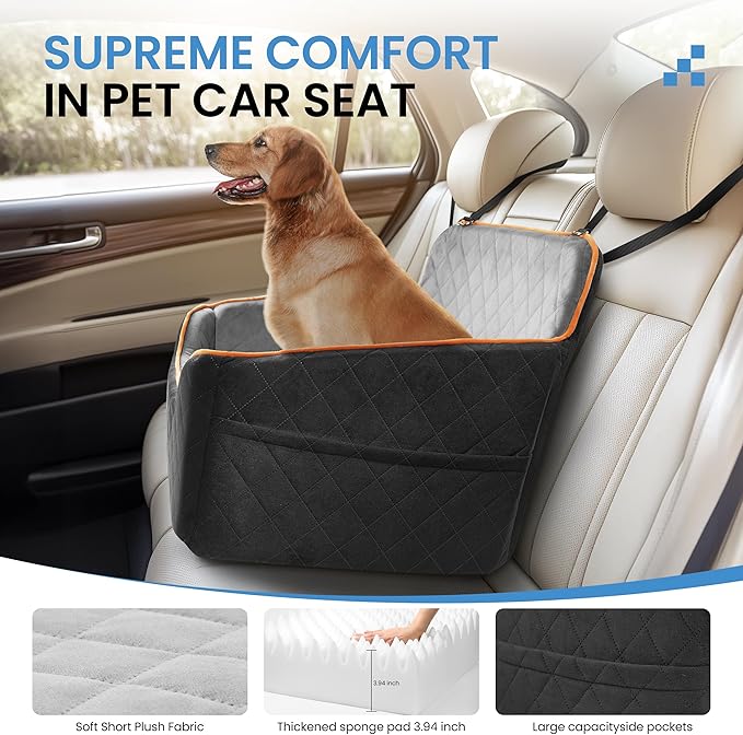 Dog Car Seat for Medium Dogs - Pet Car Seat with 2 Safety Straps & Waterproof Padding, Portable Pet Carrier for Cars, Trucks & SUVs, Comfortable Booster Bed for Pets Up to 55lbs (Black/Grey)