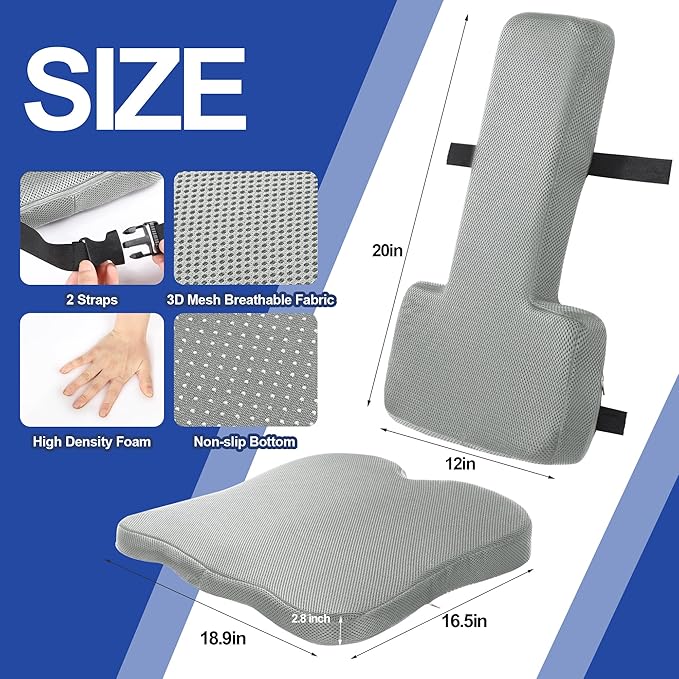 HOMBYS Lumbar Support Pillow for Office Chair with Seat Cushion, T Shape Backrest Pillow Improved Sitting Posture and Upper/Lower Back Pain Relief for Desk Chairs, Car Seats and Airplanes, Light Grey