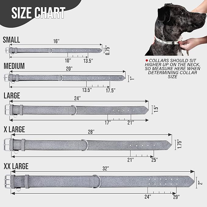 Riparo Adjustable Leather Dog Collar - Heavy Duty Wide Dog Collar for Small, Medium, Large and Extra Large Dogs with Dog Tag Holder (L: 1.5" Wide for 17"-21" Neck, Gray/White Thread)