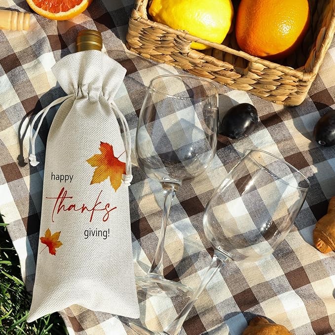 Wine Canvas Bag, Thanksgiving Wine Gift Bag, Thanksgiving Gifts for Women Men Friends Autumn Harvest Party Wine Bags for Wine Bottles, Wine Gifts With Drawstring Holiday Fall Party Decoration -WB34