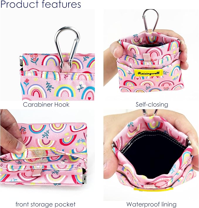 Dog Treat Pouch,Cotton Pocket Sized Training Holder, Hand Free Walking Funny Bag with Carabiner, Self-Closing Pet Feed Snack Reward, Behavior Aids for Puppy Travel or Outdoor Use （Rainbow）