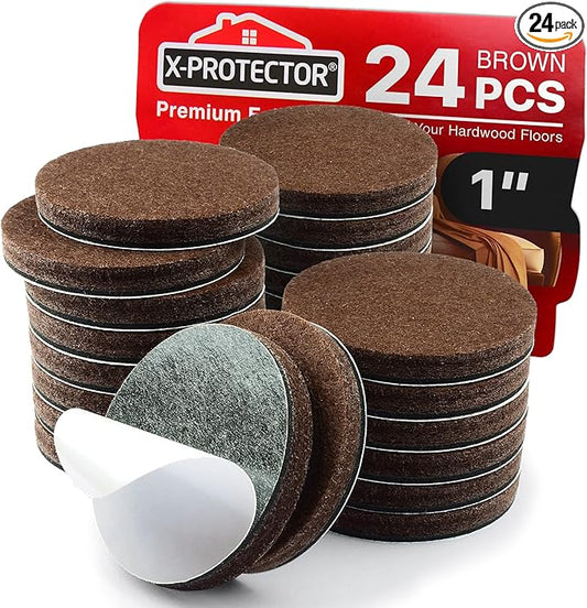 24 Heavy-Duty Felt Furniture Pads 1” 1/4” Thick X-Protector! Round Felt Pads for Furniture Feet - The Best Felt Floor Protectors for Furniture to Prevent Scratches. Protect Your Hard Floor! (Brown)