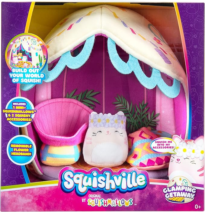 Squishville by Original Squishmallows Deluxe Glamping Playscene - Includes 2-Inch Paulita The Pink Tabby Cat, Bucket Chair, Sleeping Bag & Glamping Playscene - Toys for Kids