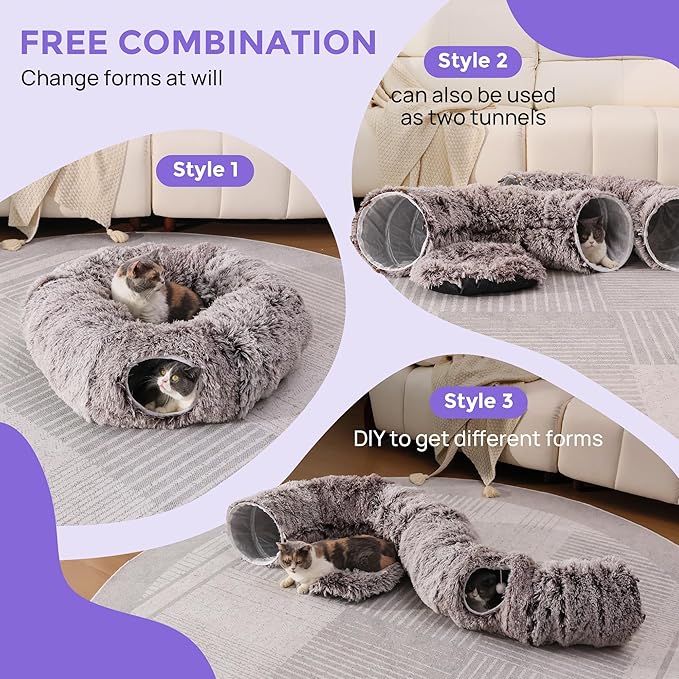 Plush Cat Tunnel Bed for Indoor Cats with Soft Cushion, Multi-Shape Play Cave with Hanging Balls, Large and Foldable Cat Donut Tunnel for Small and Large Pets (Brown)