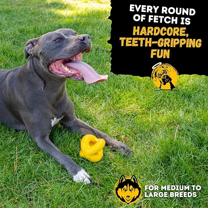 Indestructible Dog Ball - Lifetime Replacement - Durable Dog Toy for Aggressive Chewers - Safe, Non-Toxic Natural Rubber - Chew, Tug & Fetch - Tough, Heavy Duty Chew Toy - 4” (Softball Size)