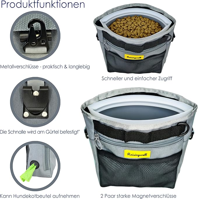 Dog Treat Pouch with Magnetic Closure 4-Cup Silicone Bag Fanny Pack Holder with Clicker 4 Ways to Wear Front Pocket Fits All Phones Ideal for Leash, Pet Walking and Training（Gray）