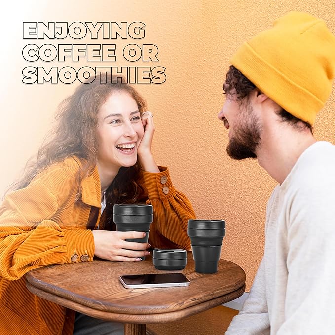 HYDRATE Collapsible Cups for Traveling - 13.5oz Black Reusable Cup, Microwave & Dishwasher Safe - Enjoy Hot or Cold Beverages Anywhere, Anytime with this Convenient, Travel Coffee or Tea Mug with Lid